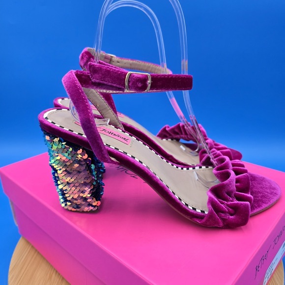 Betsey Johnson Shoes - NEW Betsey Johnson 'ILIANA' Magenta Velvet‎ Strappy Flip Sequin Block Heels 7.5